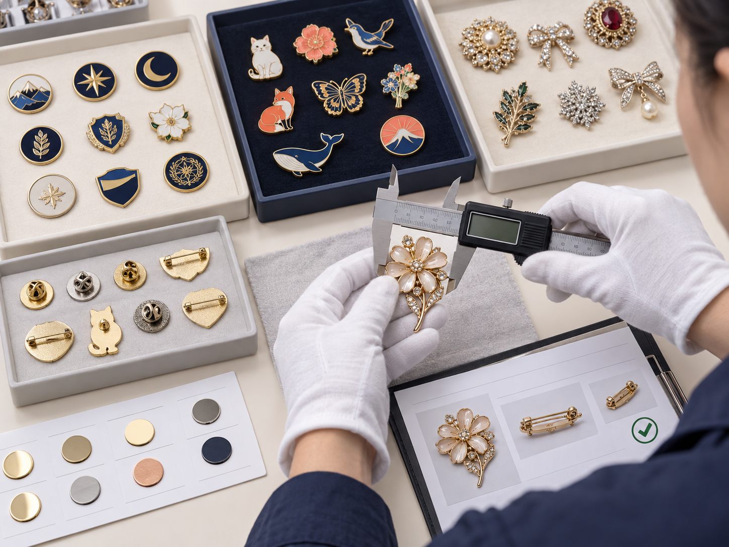 Quality inspection of badges pins and brooches