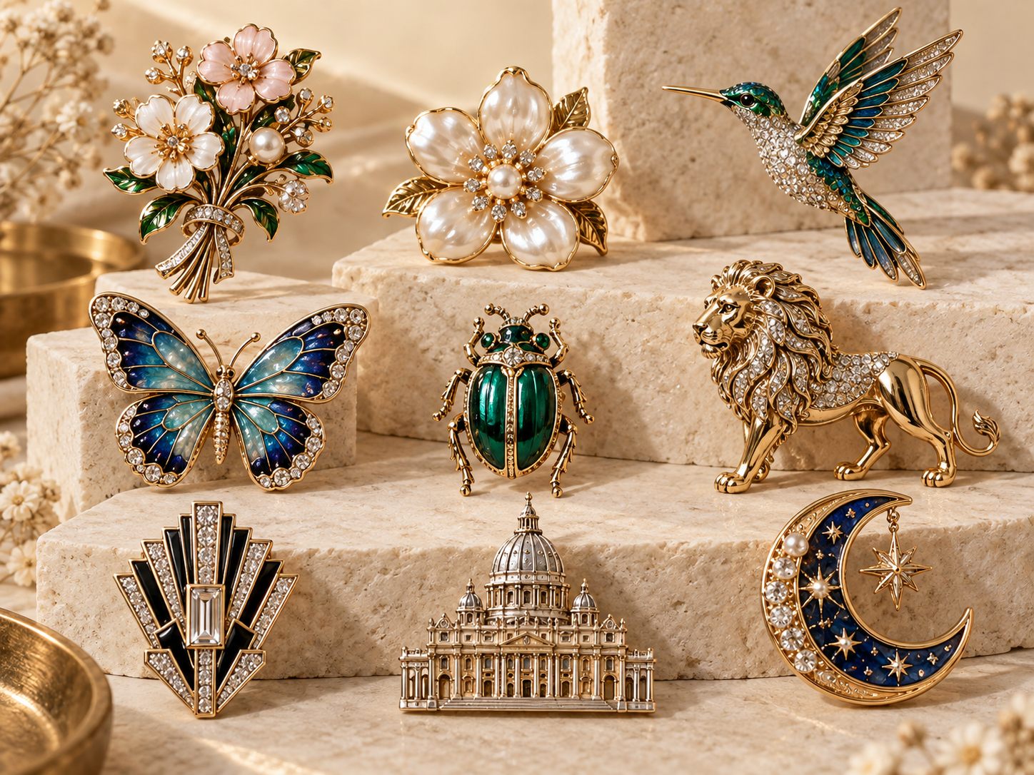 Hot-selling brooch collection with floral, animal, architectural and vintage styles