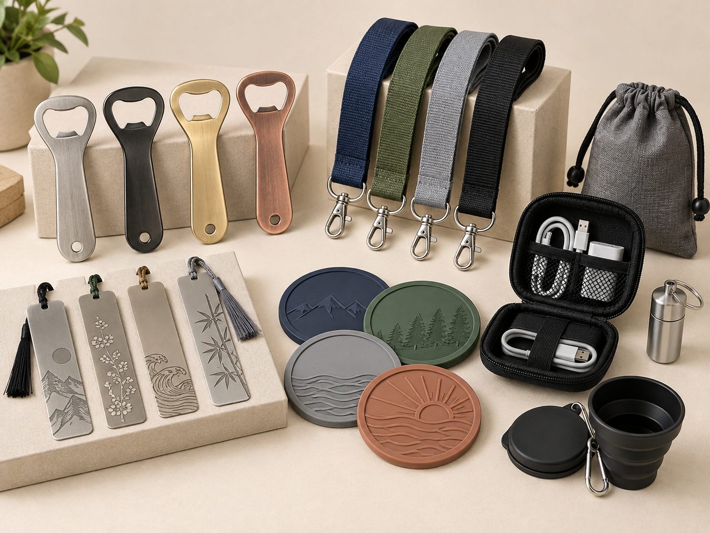 Functional souvenir gift accessories including bottle openers, lanyards and bookmarks