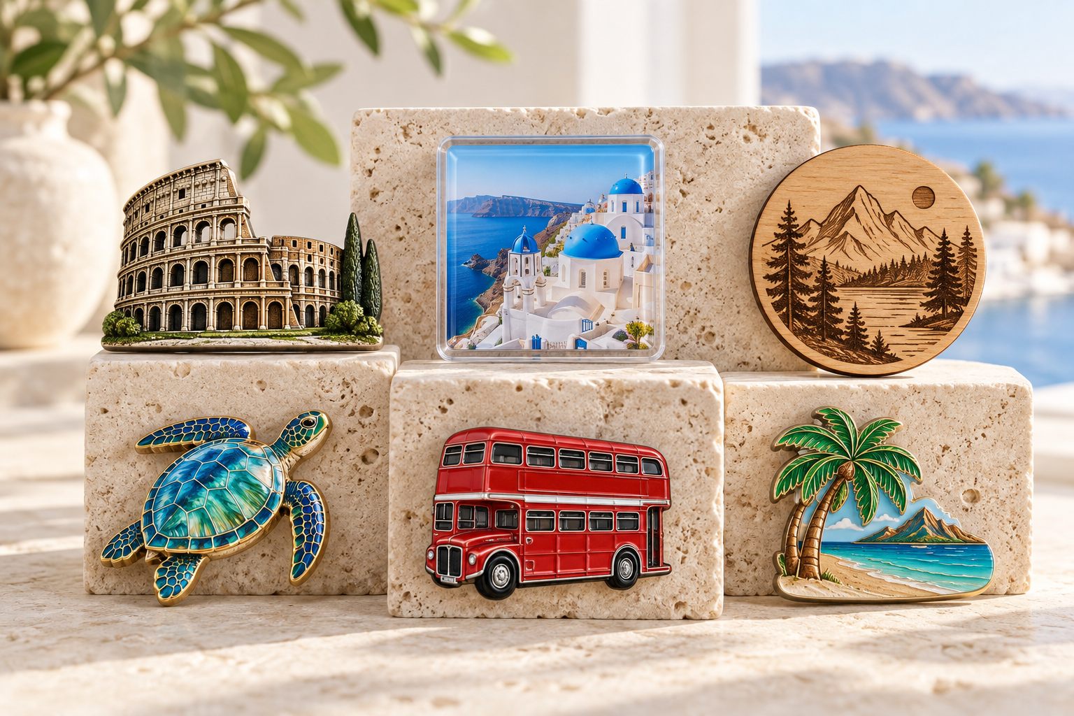 Collection of metal, clear acrylic and wood destination fridge magnets
