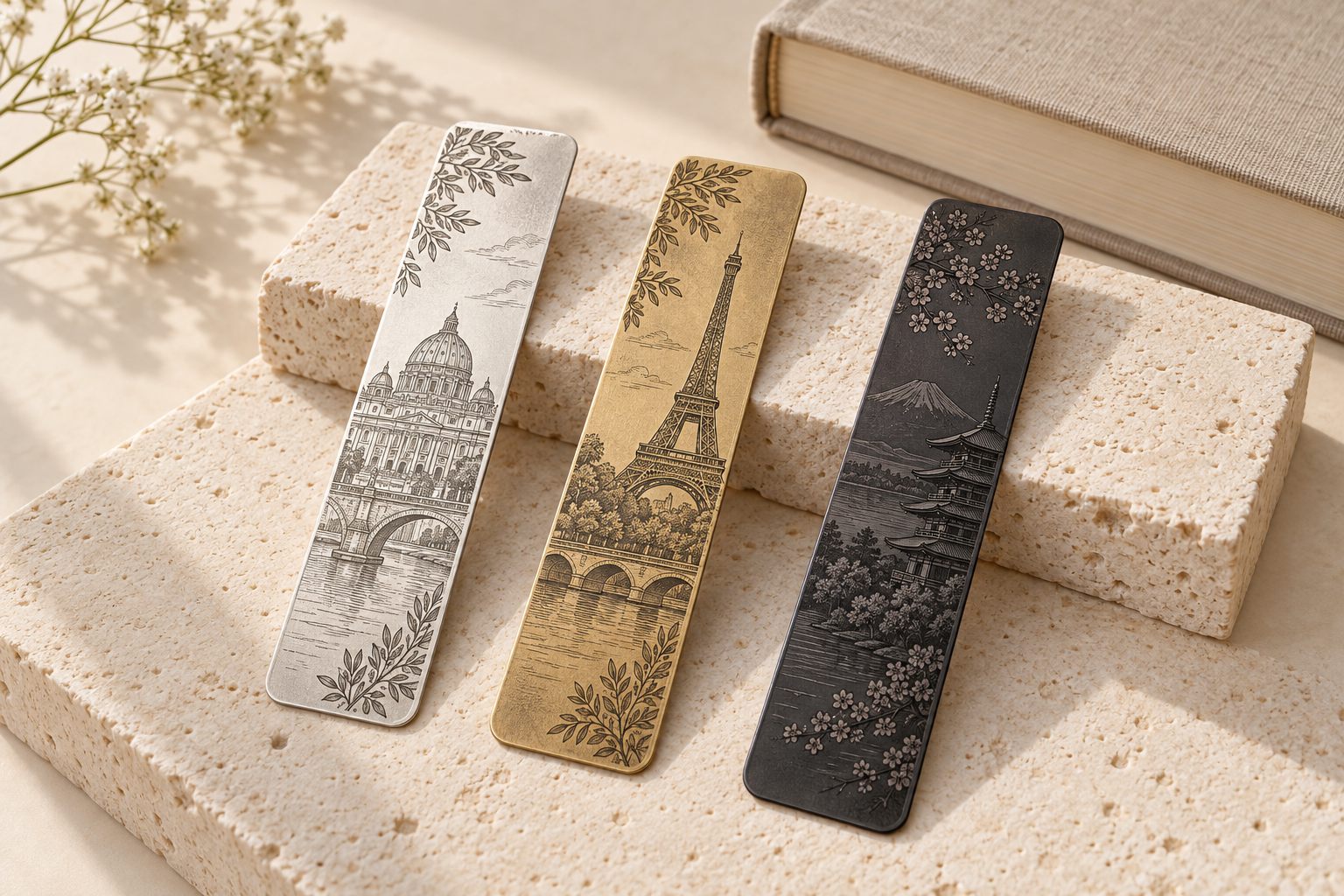Engraved metal bookmark with landmark artwork