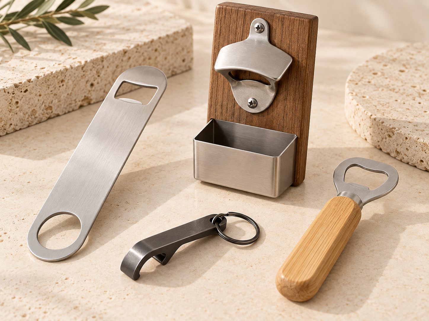 Collection of stainless, wall-mounted, keychain and bamboo-handle bottle openers
