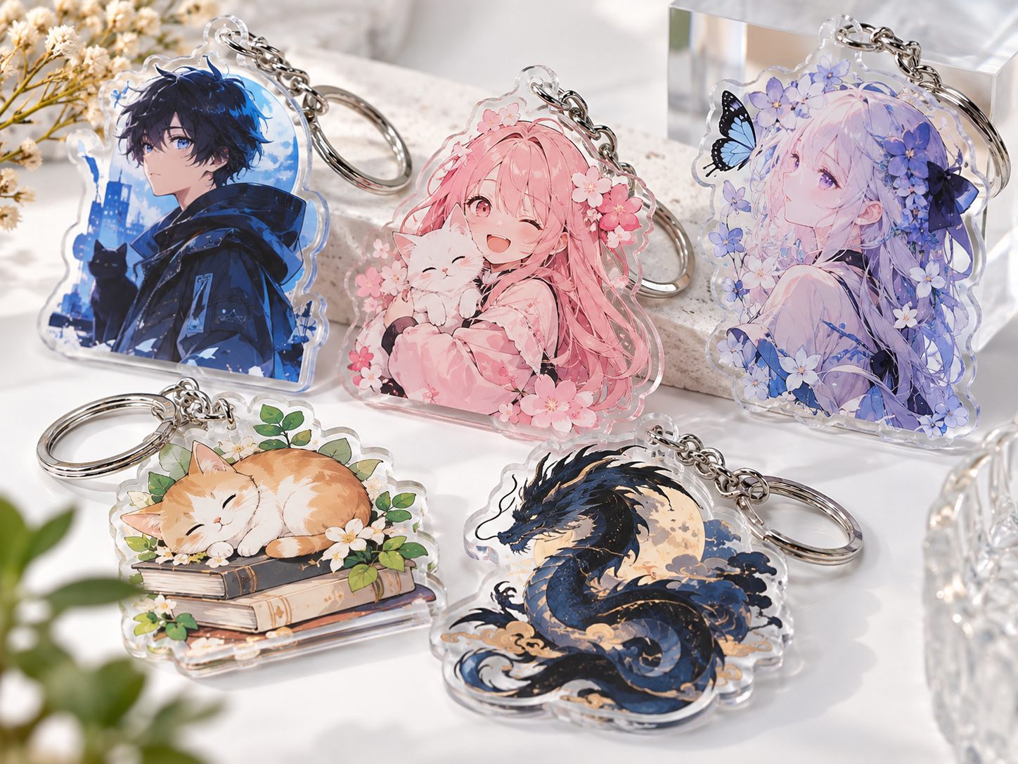 Custom metal acrylic and PVC keychain assortment