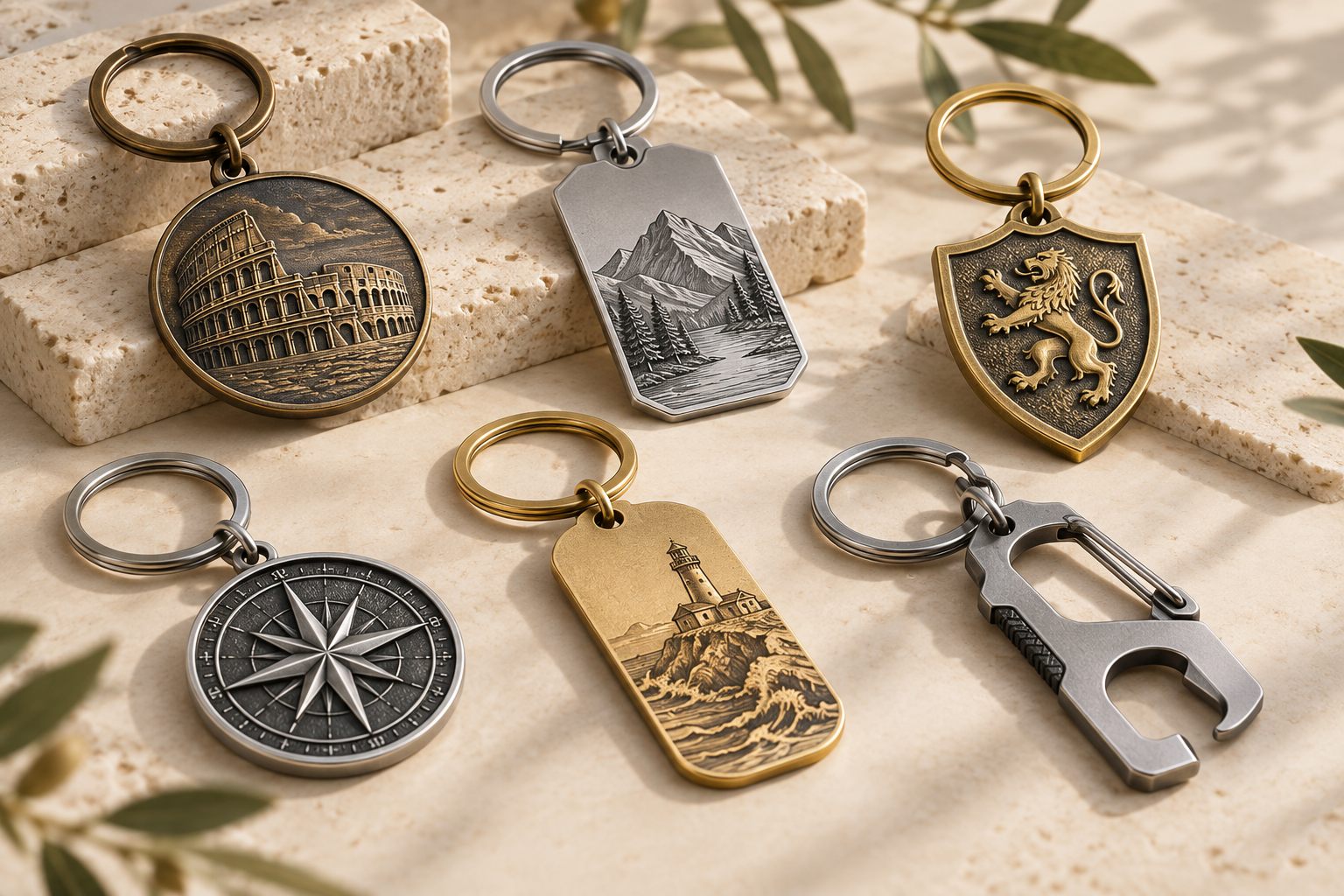 Metal landmark and engraved keychain assortment