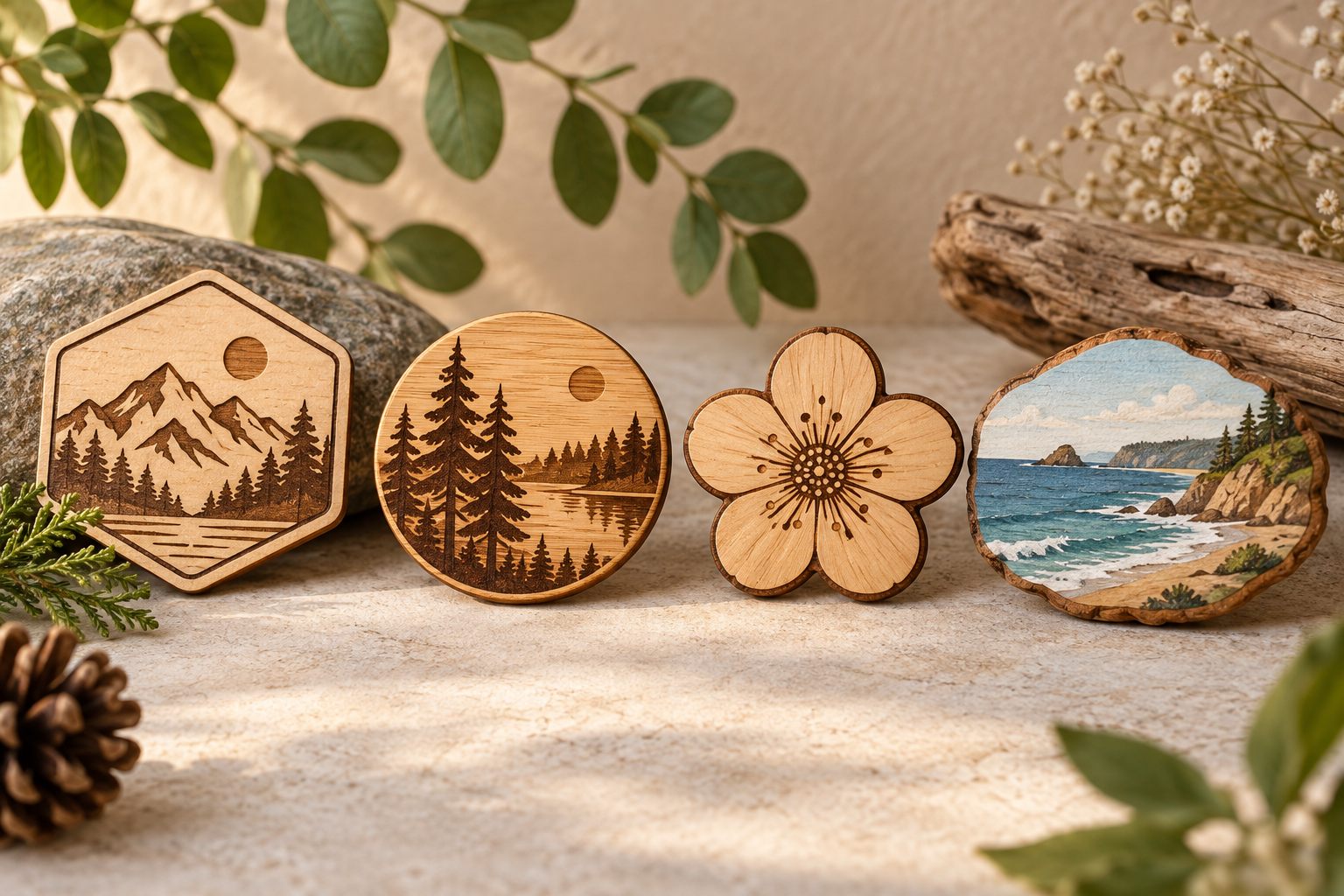 Wood and nature-inspired fridge magnet assortment