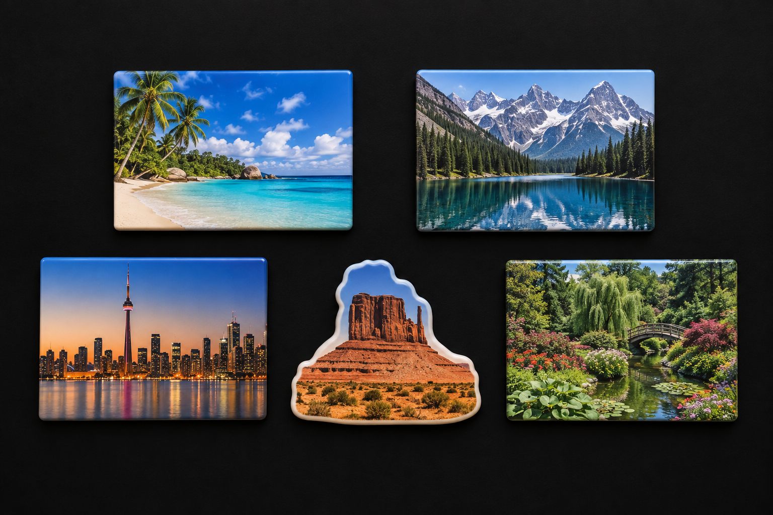 Printed destination magnets featuring coast, mountains, city and garden scenes