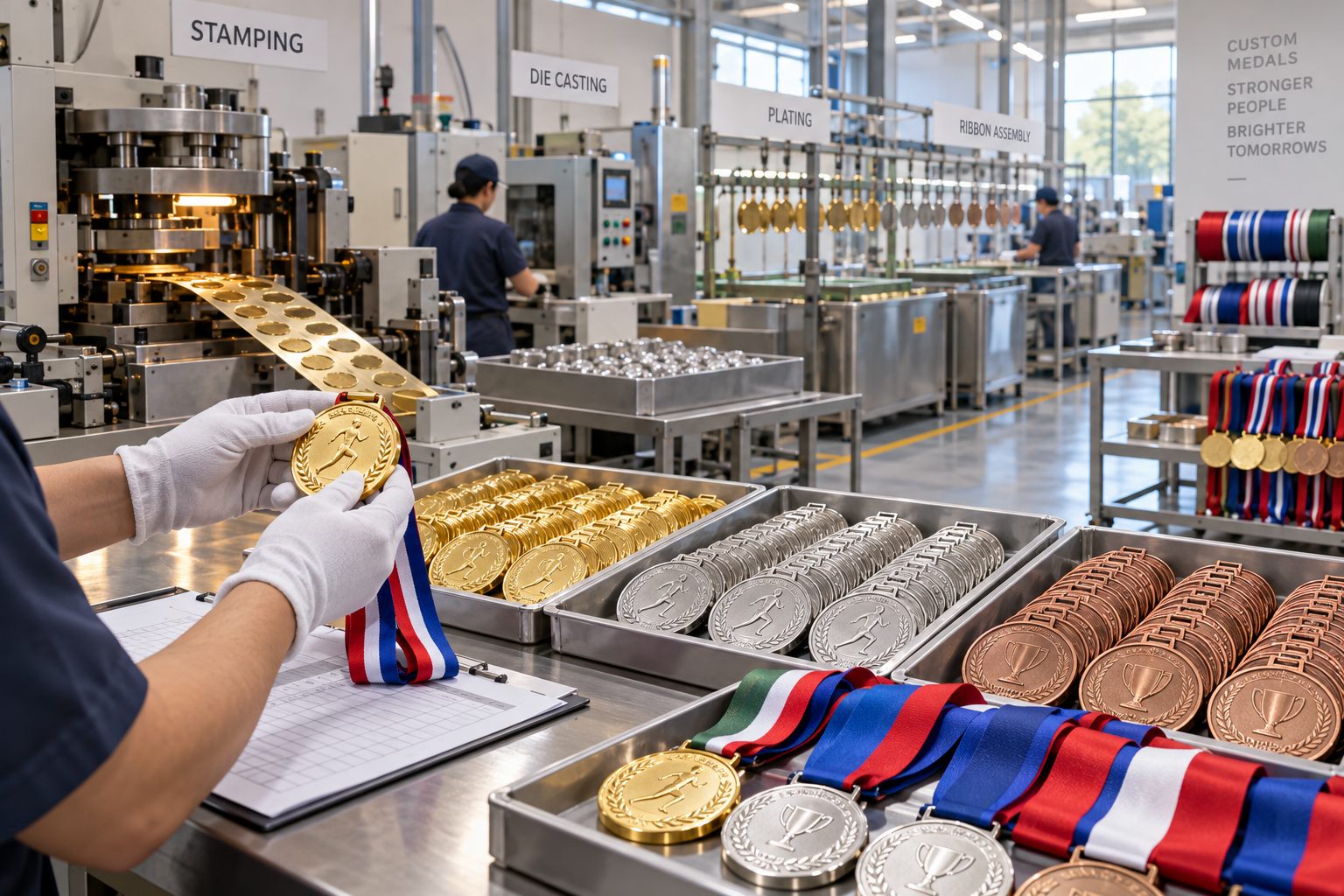 Custom medal stamping, plating and ribbon assembly production line