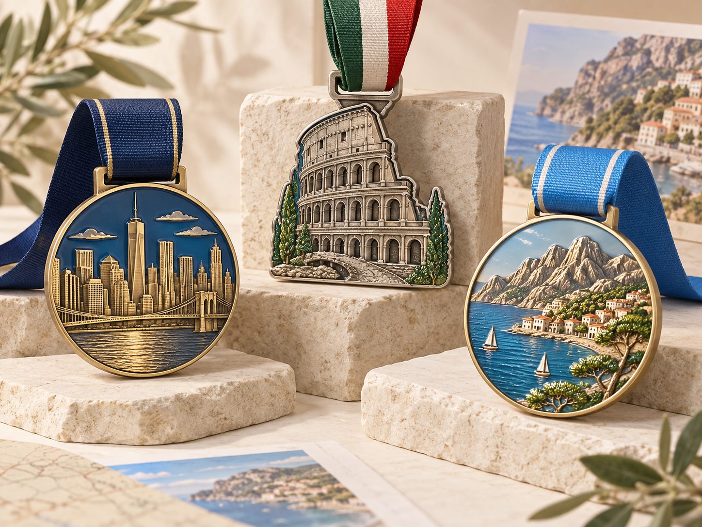 Landmark souvenir medal with destination relief