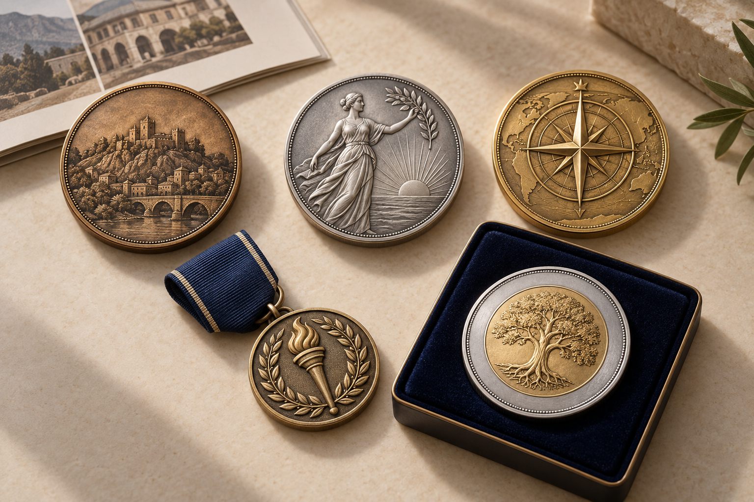 Custom medal construction with relief, plating and ribbon hardware