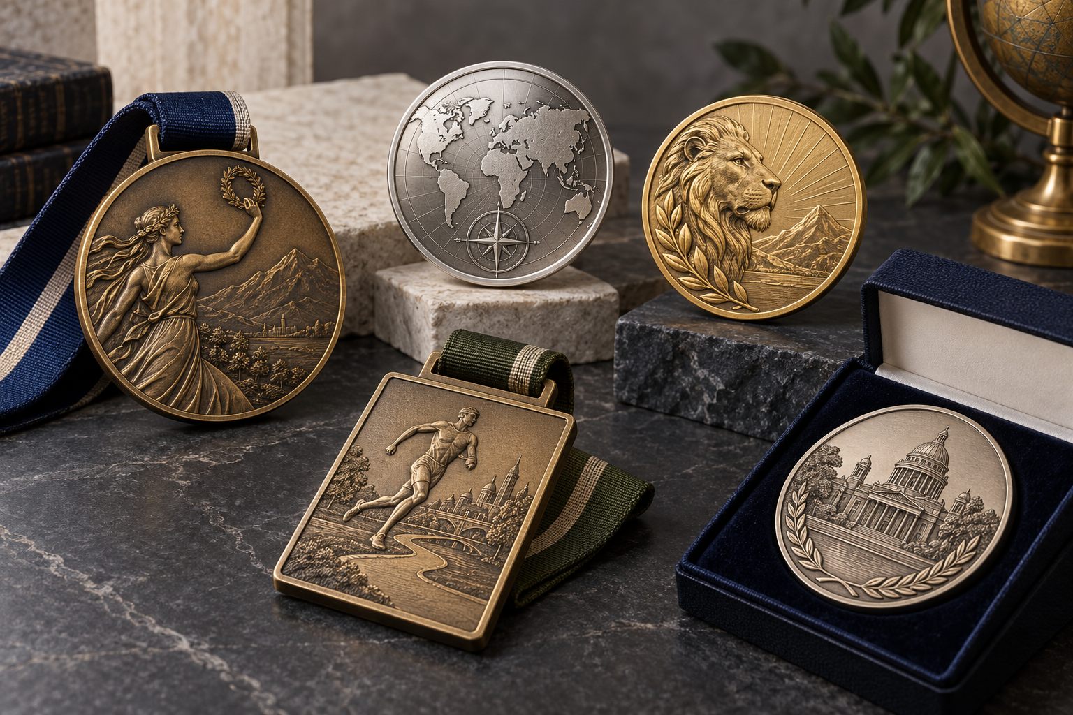Custom medals, coins and commemoratives displayed for retail