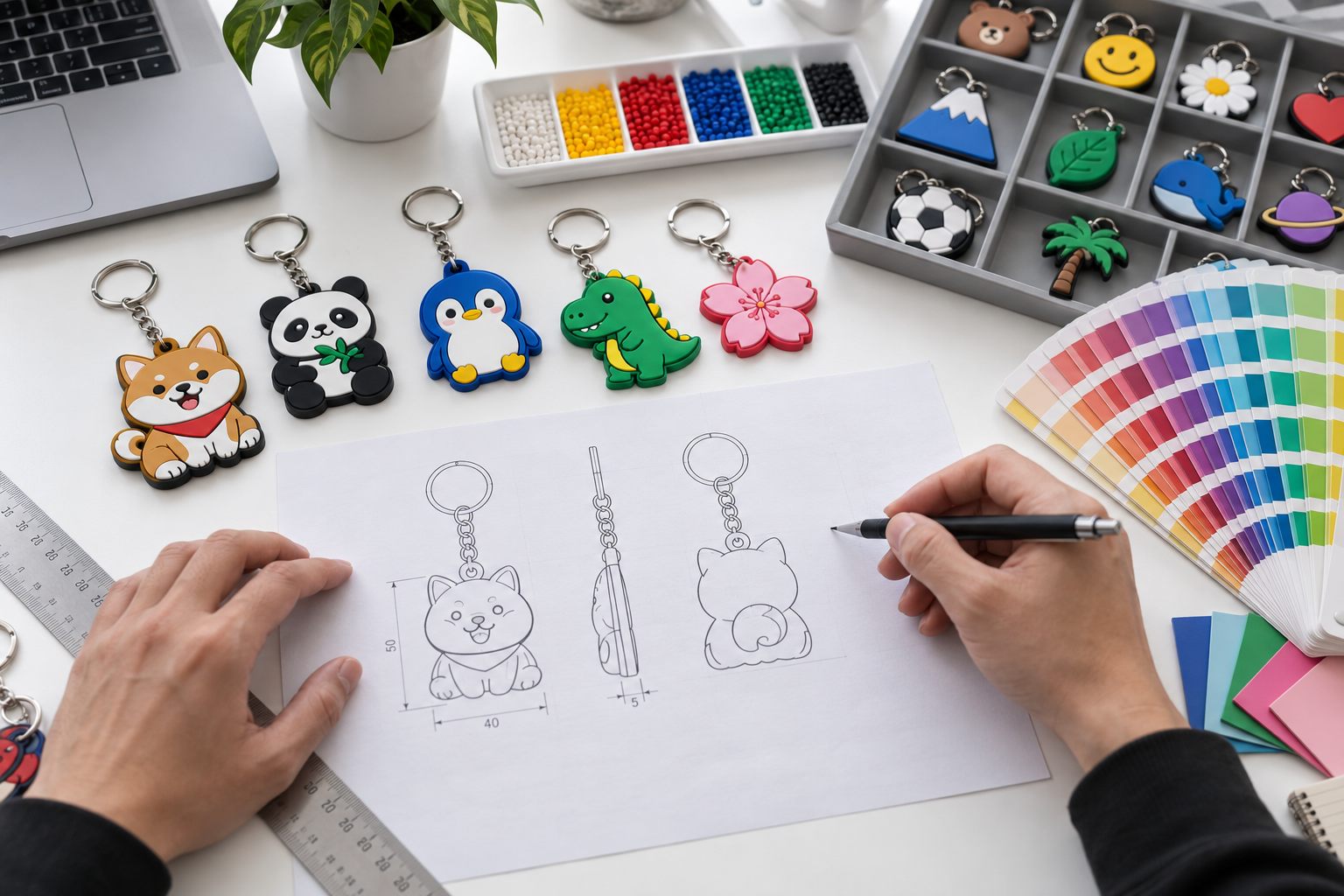 Souvenir product design desk with colour swatches and sample components