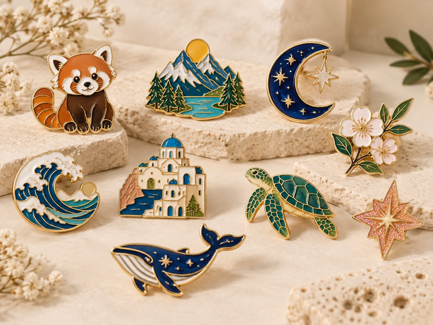 Hot-selling custom enamel pin collection with character, travel, nature and celestial themes