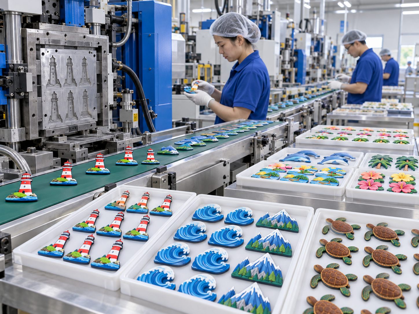 PVC fridge magnet molding production line with trays of finished magnets