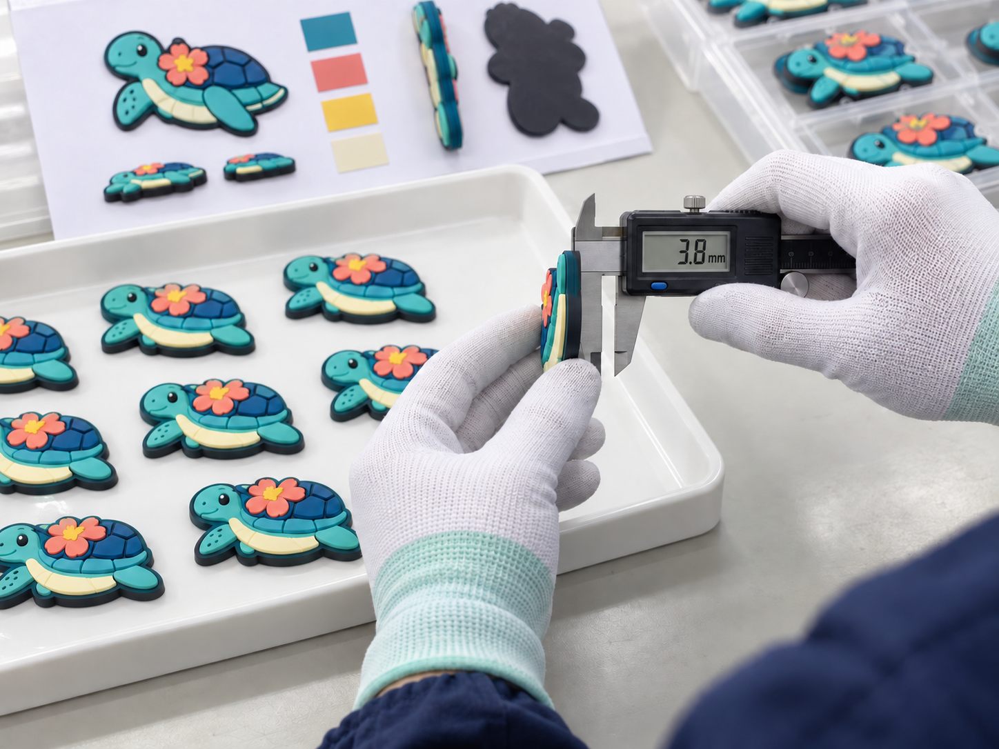 Digital caliper measuring PVC fridge magnet thickness at 3.8 millimetres