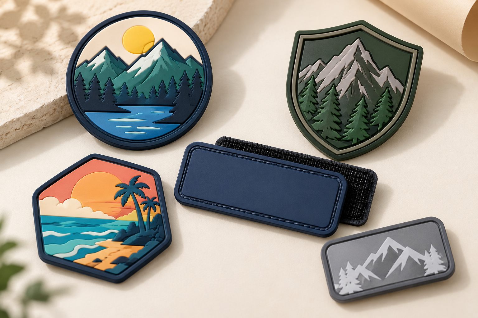 Assortment of custom soft PVC patches with raised relief and hook-and-loop backing