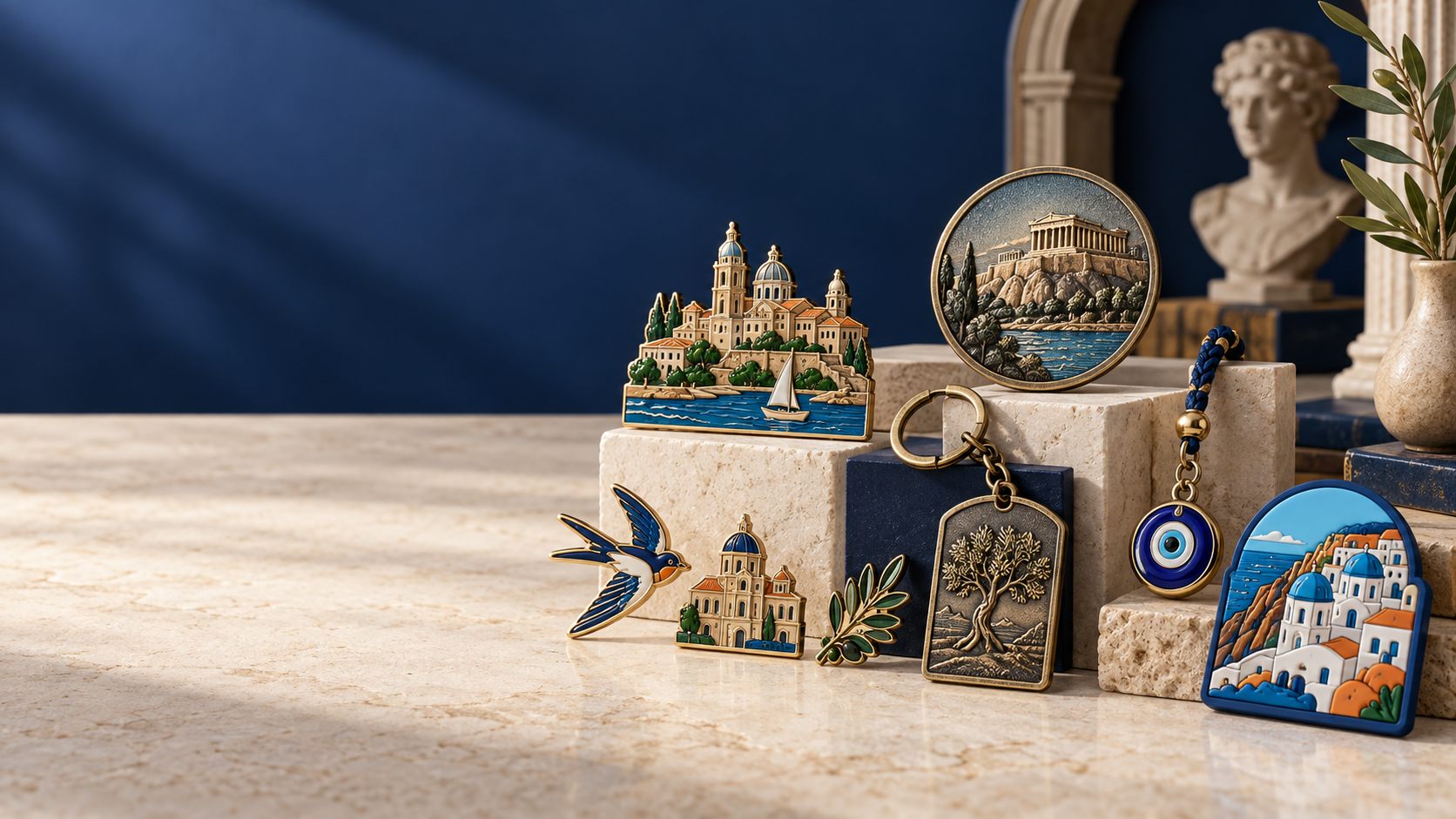 Curated custom souvenir samples on a display table