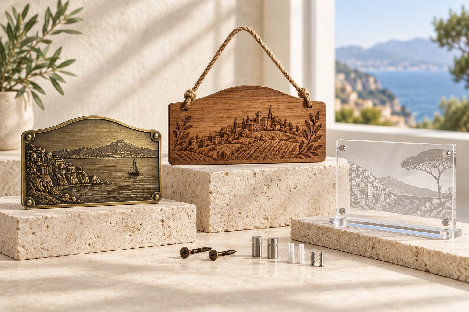 Collection of metal plaques, wood hanging signs and acrylic countertop souvenir signs